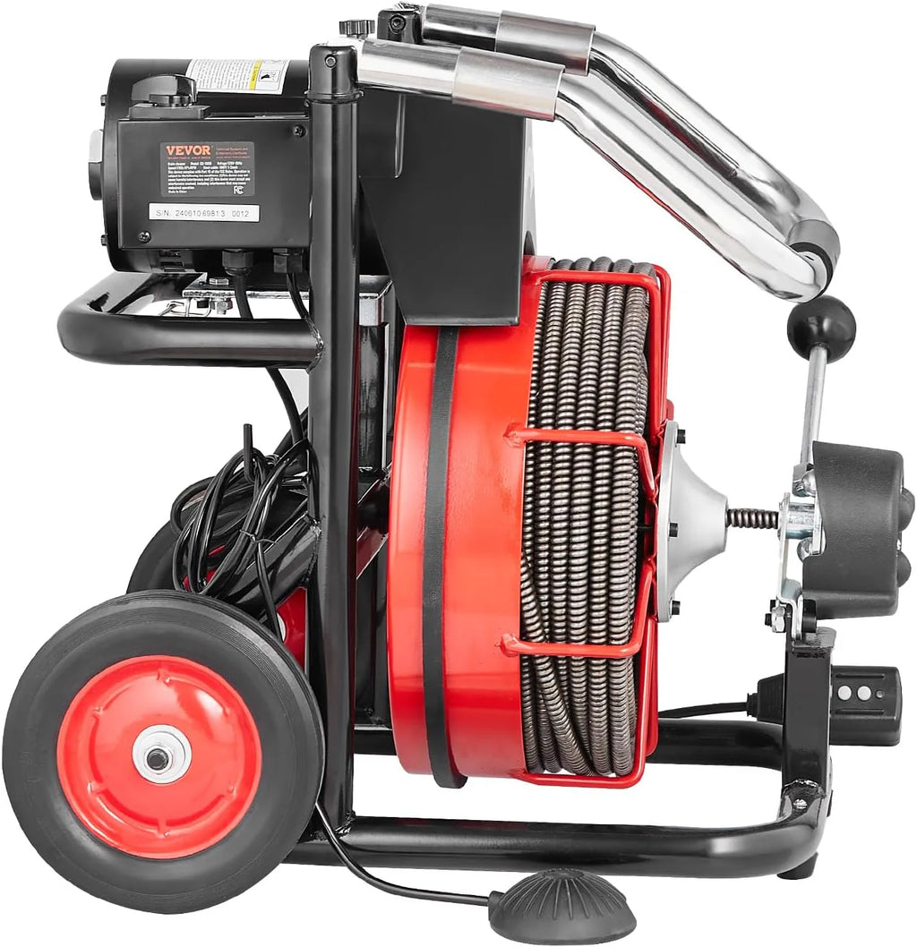 Drain Cleaner Machine 100FT x 1/2 Inch, Auto Feed Sewer Snake Auger on Wheels, 550W Portable Drain Cleaning Machine with 8 Cutters & Air-activated Foot Switch for 2" to 4" Pipes