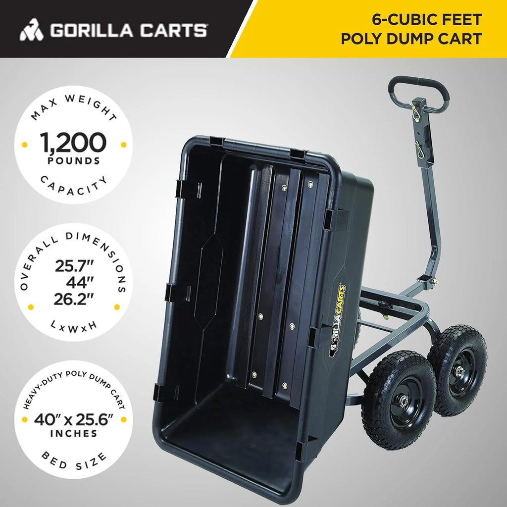Heavy Duty Poly Utility Dump Wagon Garden Cart w/Pneumatic Tires, 6 Cu Ft - 1200 lb Capacity Outdoor Wheelbarrow for Yard, Landscaping & Gardening, Lawn Tractor or ATV Towable-Gorilla Carts