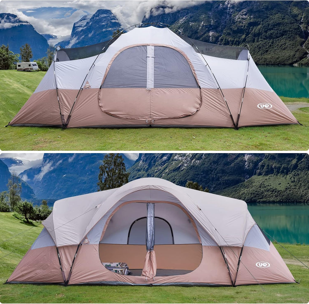 Camping Tent 10-Person-Family Tents, Parties, Music Festival Tent, Big, Easy Up, 5 Large Mesh Windows, Double Layer, 2 Room, Waterproof, Weather Resistant, 18ft x 9ft x78in