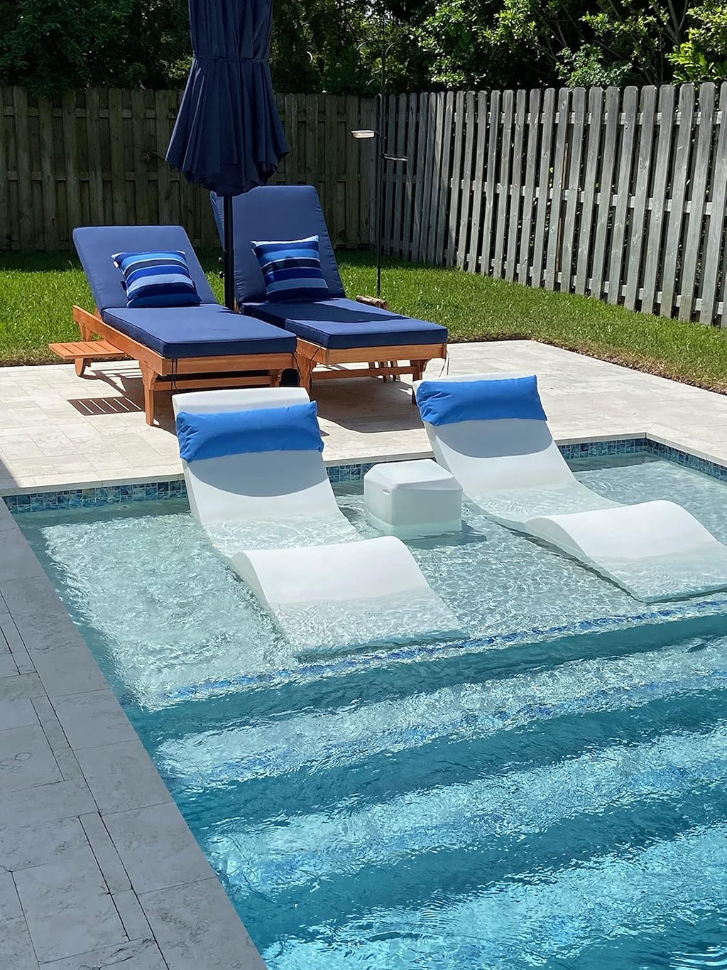 Classic White - in-Pool Chaise Lounger – Designed for Water Depths Up to 9” – Aqua Outdoors – Set of 2 – Compatible with All Pool Types - Poolside & Sun Deck Tanning