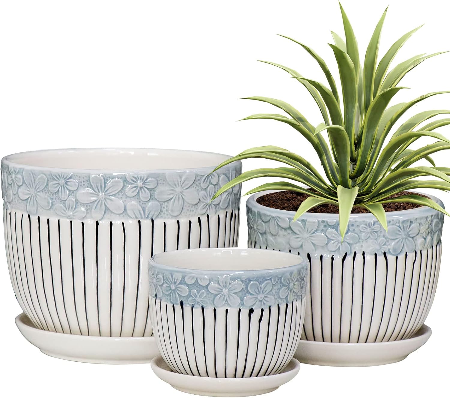 Set of 3 Ceramic Plant Pots with Saucers