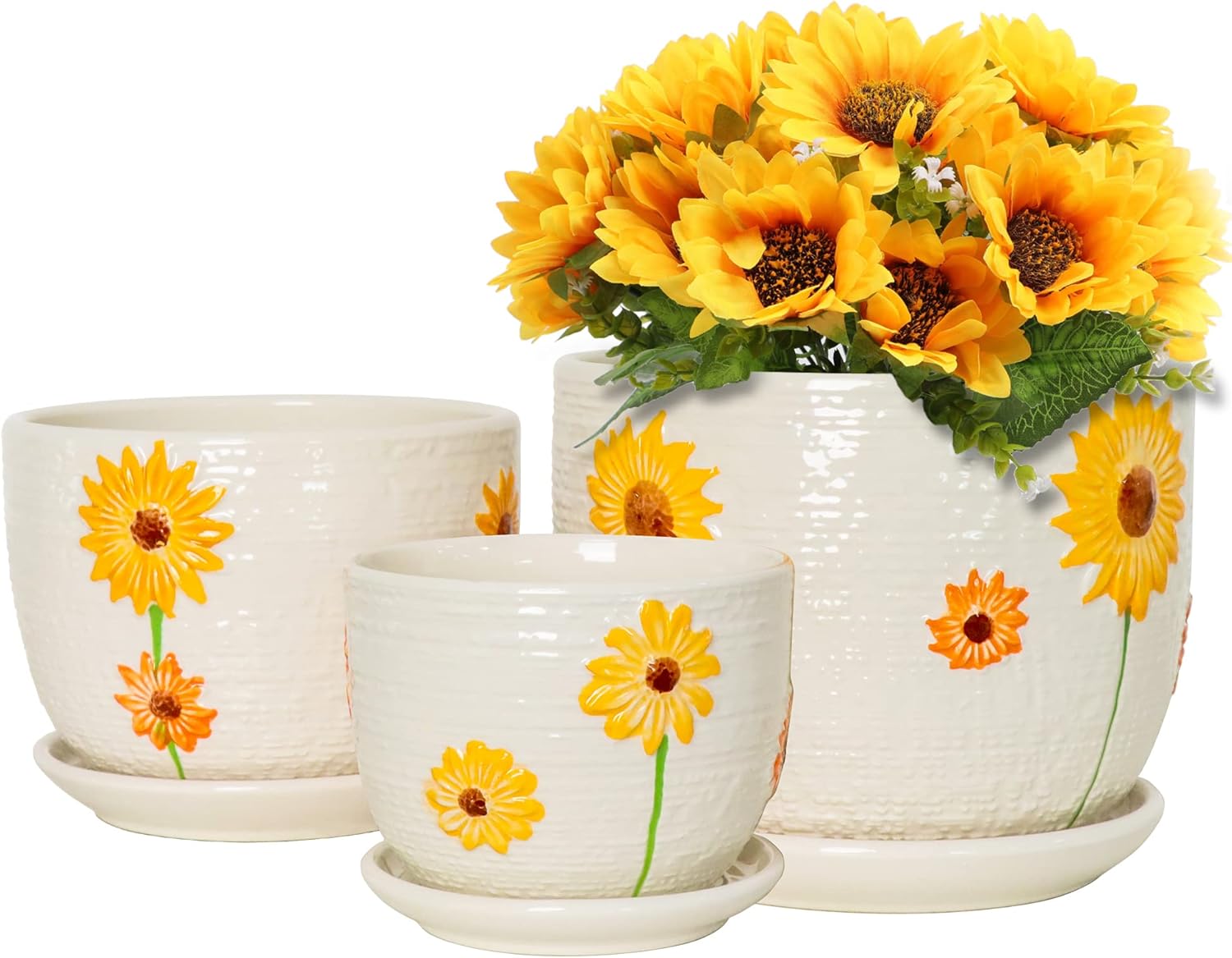Set of 3 Ceramic Plant Pots with Saucers