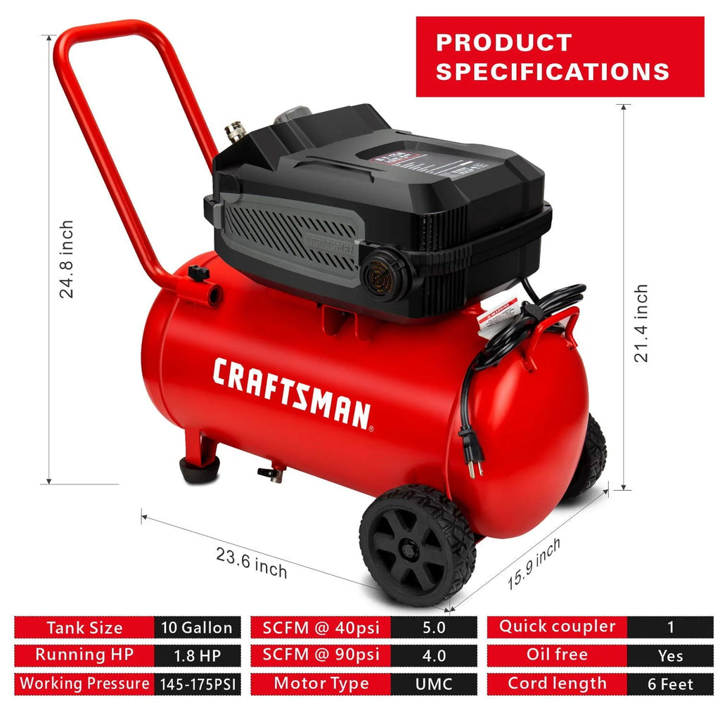 HARD Air Compressor, 10 Gallon 1.8 HP 175 PSI, 4.0CFM@90PSI, Oil Free and Maintenance Free, Portable with Large Wheels, CMXECXA0201041