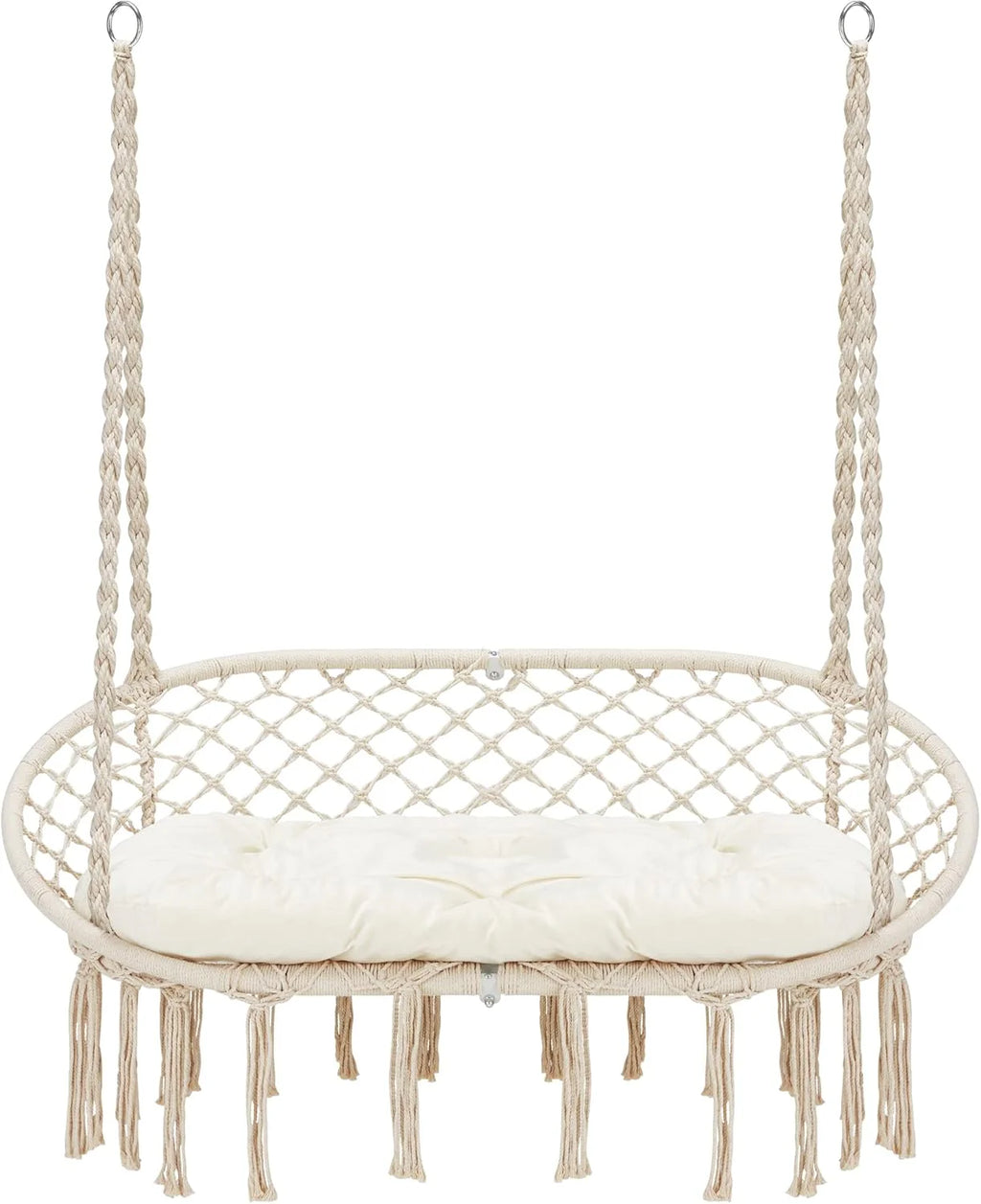 Hammock Chair Macrame Hanging Swing with Cushion,Hanging Cotton Ropes, Metal Frame, 450 lbs Capacity Indoor Outdoor, Patio, Balcony, Living,Deck, Yard, Garden(Double Swing) Beige