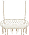 Hammock Chair Macrame Hanging Swing with Cushion,Hanging Cotton Ropes, Metal Frame, 450 lbs Capacity Indoor Outdoor, Patio, Balcony, Living,Deck, Yard, Garden(Double Swing) Beige