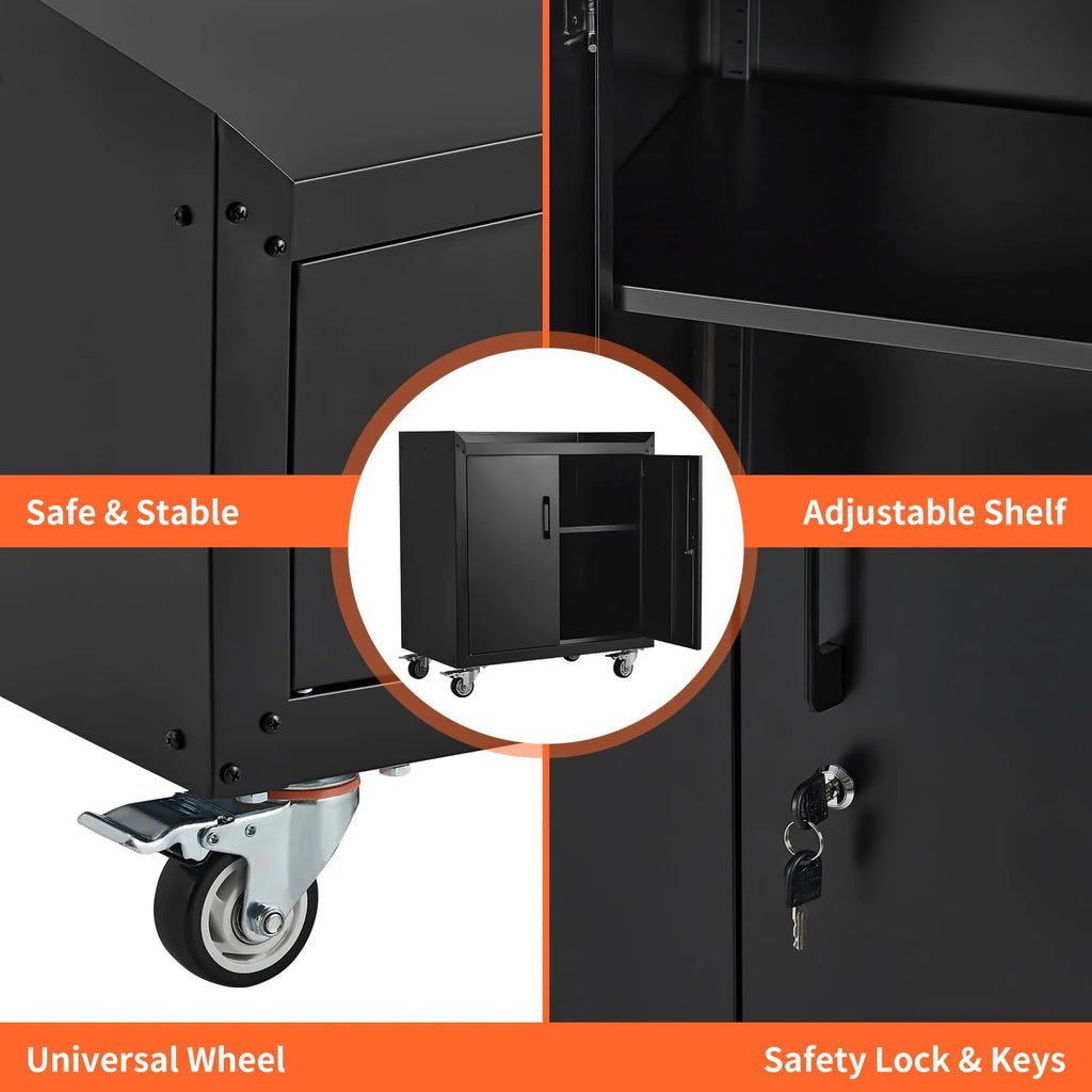 Garage Storage Cabinet with Wheels, 2 Door Tool Cabinet with Adjustable Shelves, Metal Lockable Tool Cabinet, Rolling Tool Chest for Home, 34 H x 30.3 L x 18 W, Assembly Required