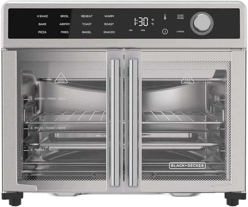 Air Fryer Toaster Oven Combo, 12 in 1 Countertop Convection Oven Cooks Food Fast, Fits a Whole Pizza or 6 Toast Slices, French Doors with Stainless Steel Finish.