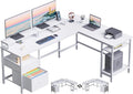 66” L Shaped Desk with Power Outlet, Reversible Computer Gaming Desk with File Drawer & 2 Monitor Stands for Home Office with Storage Shelves, Rustic Brown